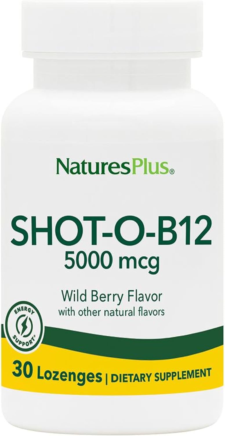 NaturesPlus Shot-O-B12 - 30 comprimidos sublinguales, 5000 mcg, sabor bayas silvestres, vegano, sin gluten