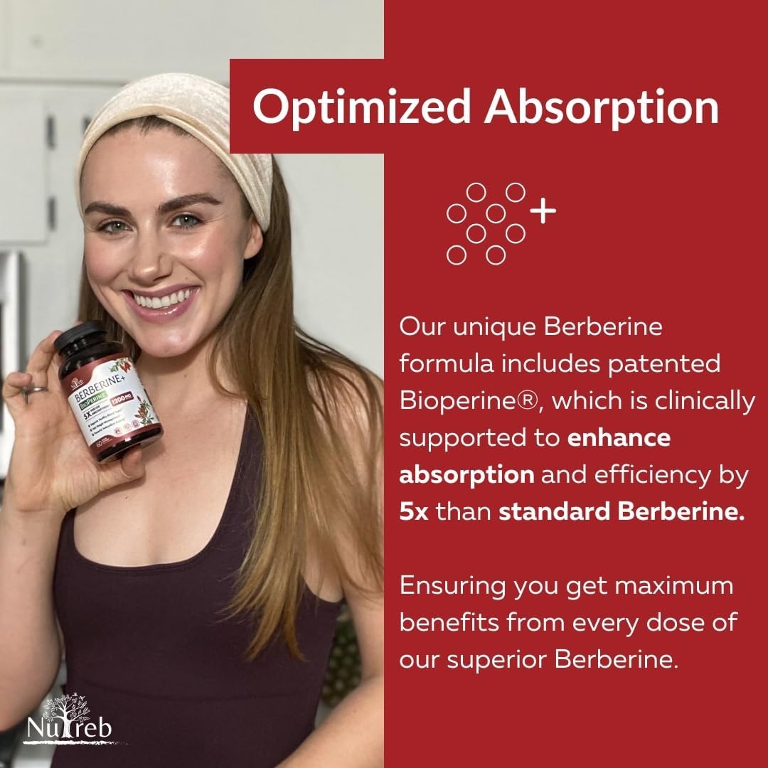 Suplemento de Berberina 1200 mg - 5x Mayor Absorción con BioPerine - Berberina HCL Ultra Pura 98% - 60 Cápsulas Veganas