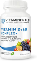 Vitaminerals Vitamina D3 + K Complex | 2500 IU D3, 80 mcg K, Mezcla de Verduras y Frutas | 60 Cápsulas Veganas