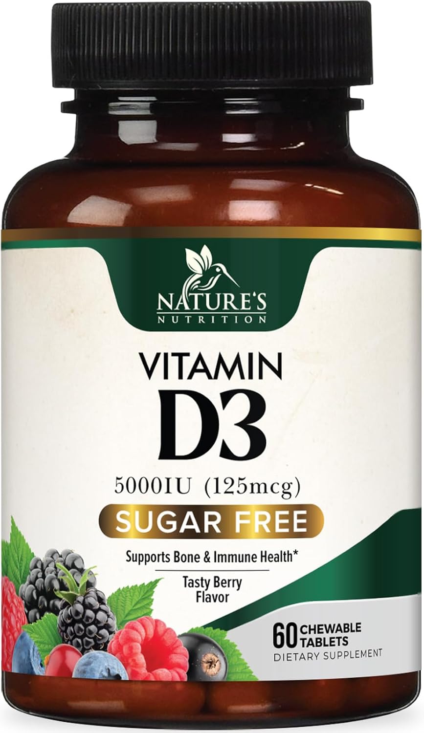 Vitamina D3 5000 UI (125 mcg) por Dosis - Comprimidos Masticables Extra Fuertes sin Azúcar - Apoyo Inmunitario, Huesos, Dientes y Músculos - Sin Gluten - 60 Comprimidos