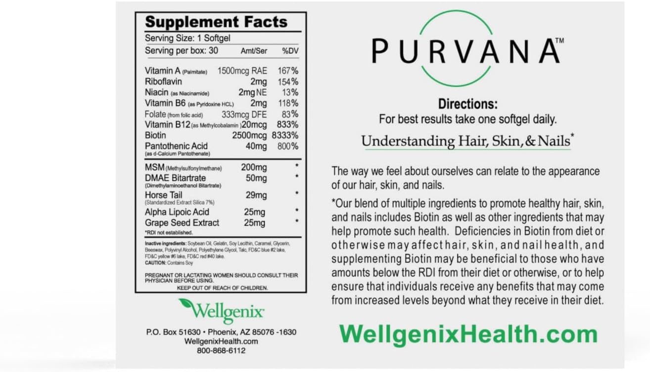 Wellgenix Purvana Hair, Skin & Nails Supplement - 2500mcg Biotin with MSM and B Complex - 30 Softgels