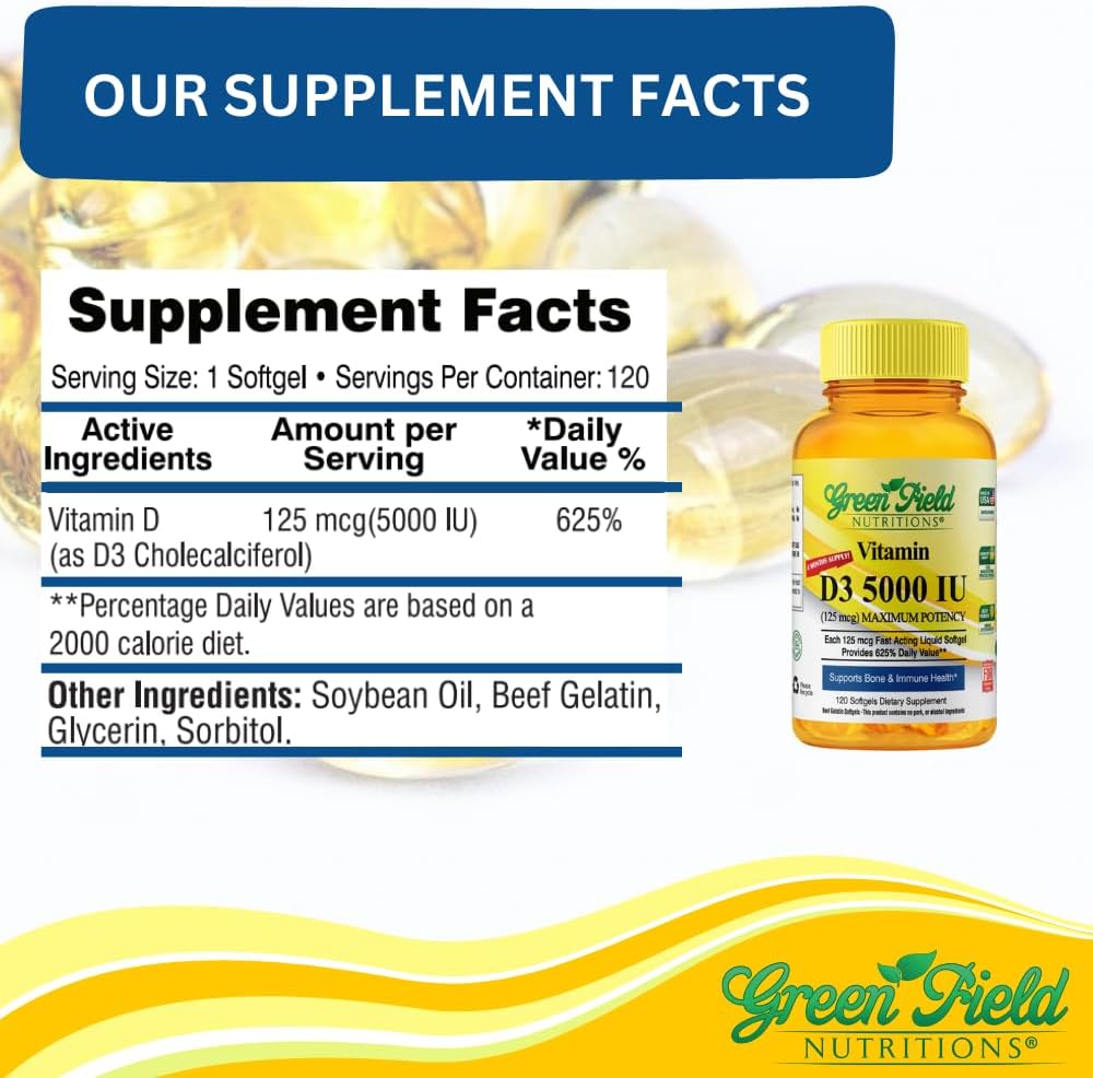 Greenfield Nutritions Vitamina D3 Halal 5000 IU - 120 Softgels de Gelatina de Res