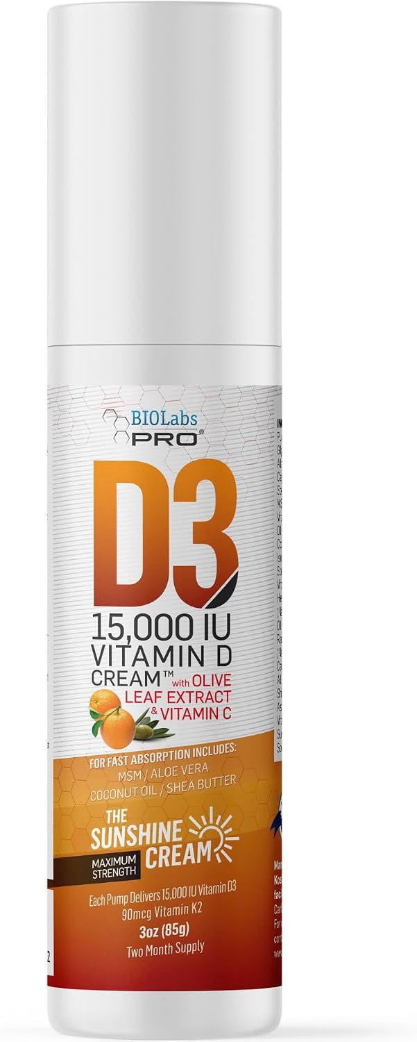 BIOLABS PRO Crema de Vitamina D3 15000 IU con K2 y Extracto de Hoja de Olivo, 3 oz