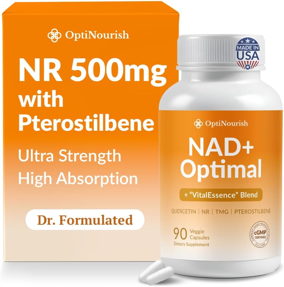 OPTINOURISH NAD+ Optimal - Suplemento NAD con NR 500mg, Pterostilbeno y Más - 90 Cápsulas
