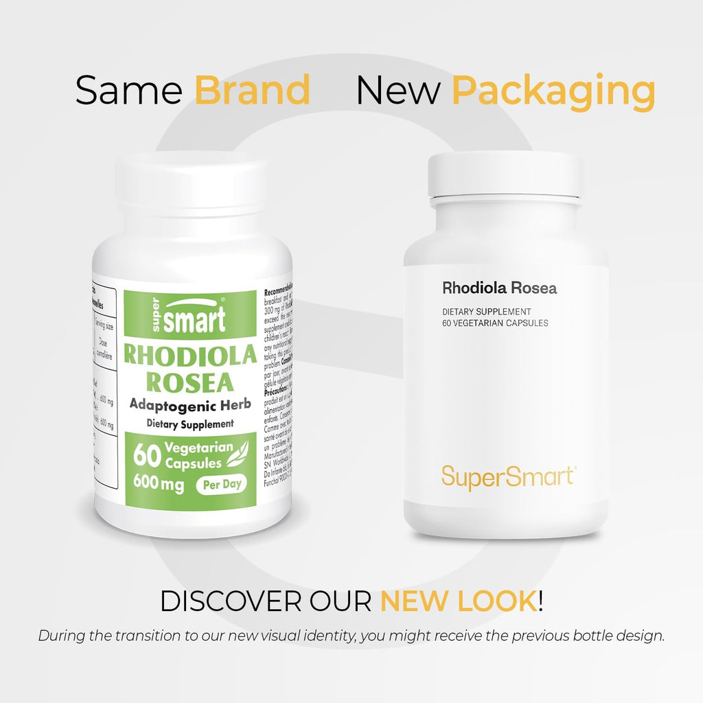 Supersmart Rhodiola Rosea 600mg al Día (Alta Potencia y Patente) - Rhodiolife - Extracto Estandarizado 5% Rosavinas, 1,8% Salidrósido - No-GMO, Sin Gluten - 60 Cápsulas Vegetales