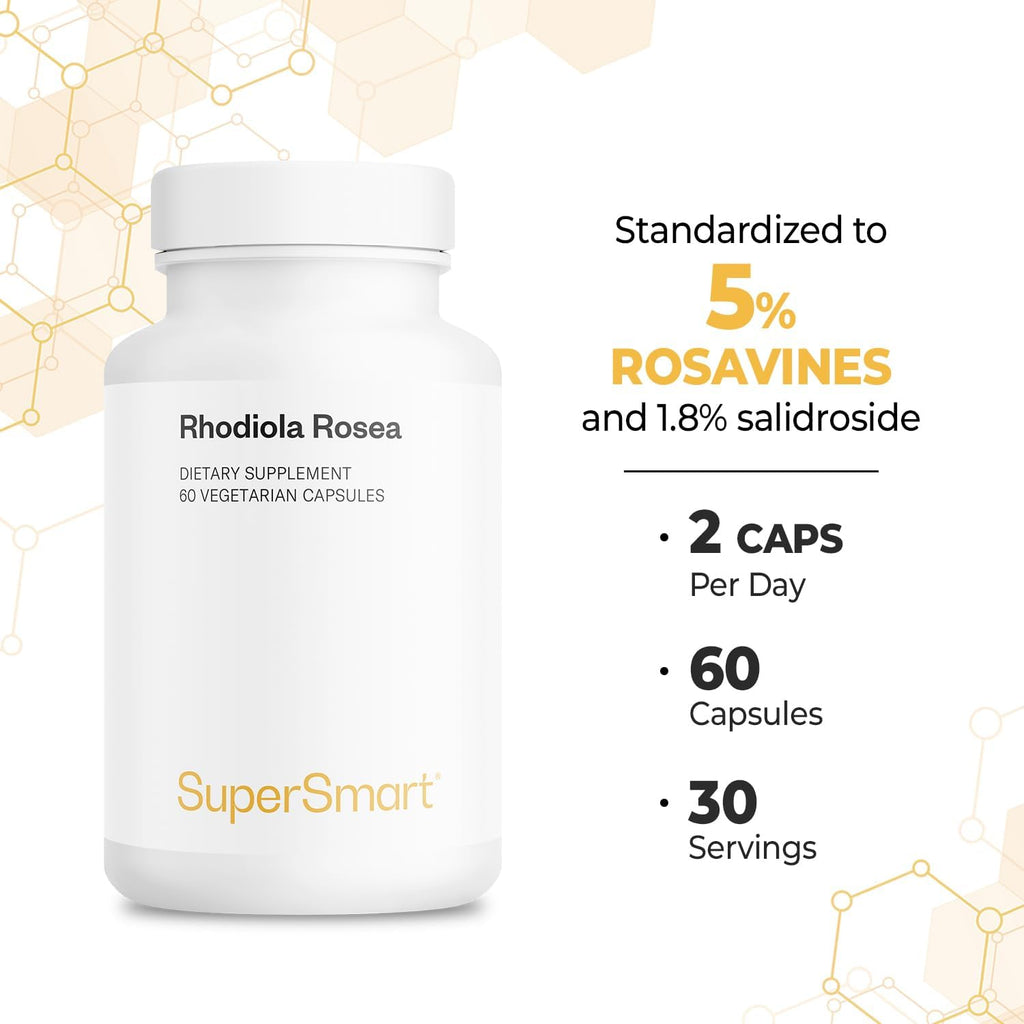 Supersmart Rhodiola Rosea 600mg al Día (Alta Potencia y Patente) - Rhodiolife - Extracto Estandarizado 5% Rosavinas, 1,8% Salidrósido - No-GMO, Sin Gluten - 60 Cápsulas Vegetales