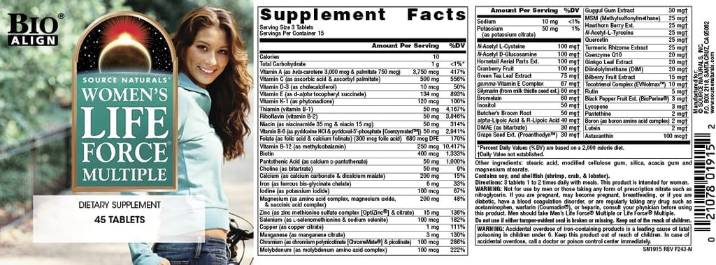 Source Naturals Women's Life Force Multiple - Multivitamínico Diario para Mujer, 45 Comprimidos