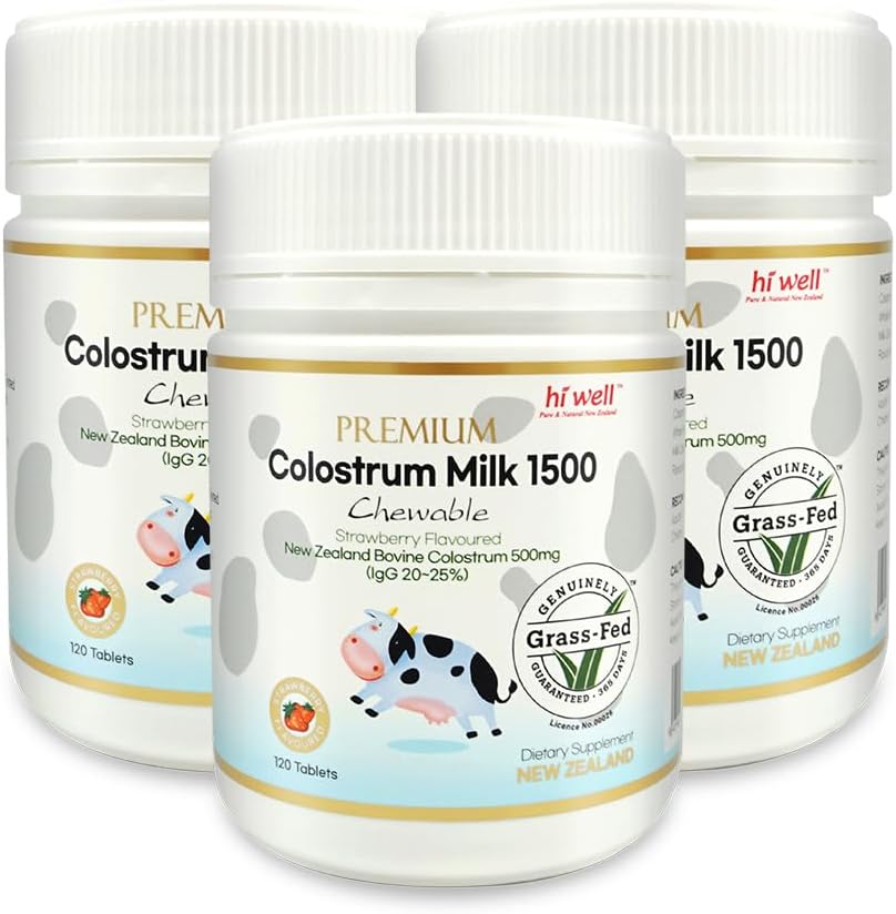 Hi Well Premium Grass-Fed Colostrum 1500 mg, 120 Chewable Tablets (Strawberry Flavored)