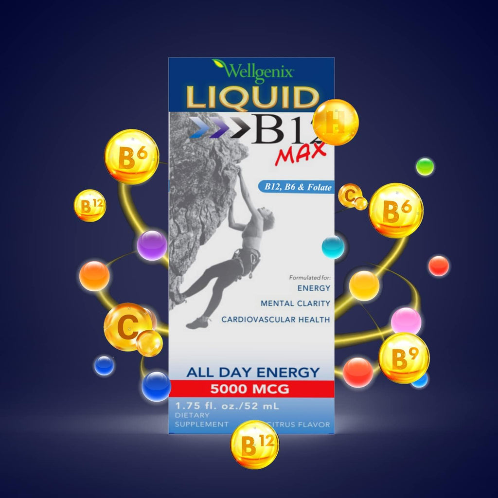 Wellgenix B12 Max Líquido - Vitamina B6, B12 y Folato - Alta Absorción - Salud Cardiovascular, Claridad Mental, Aumento de Energía y Pérdida de Peso - 1,75 oz, 2 Pack