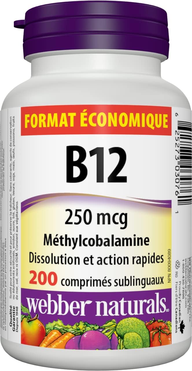 Webber Naturals Vitamina B12 250 mcg Metilcobalamina, 200 Comprimidos Sublinguales