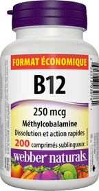 Webber Naturals Vitamina B12 250 mcg Metilcobalamina, 200 Comprimidos Sublinguales