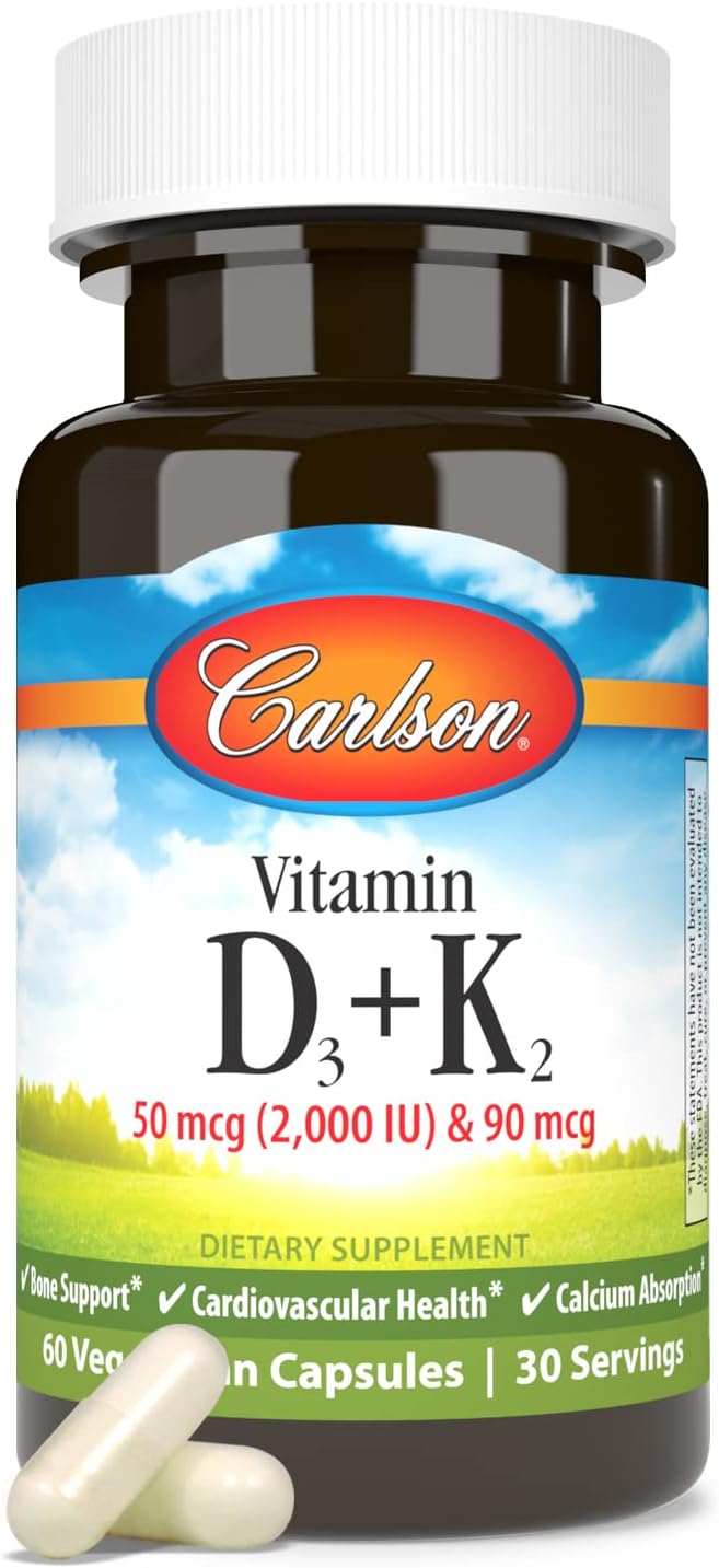 Carlson Vitamina D3 + K2, 2000 UI D3 y 90 mcg K2 MK-7, 60 Cápsulas