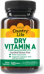 Country Life Vitamina A 10.000 UI - Apoyo Inmunológico, Salud de la Piel y Ojos - 50% Betacaroteno y 50% Palmitato de Retinilo - 100 Comprimidos