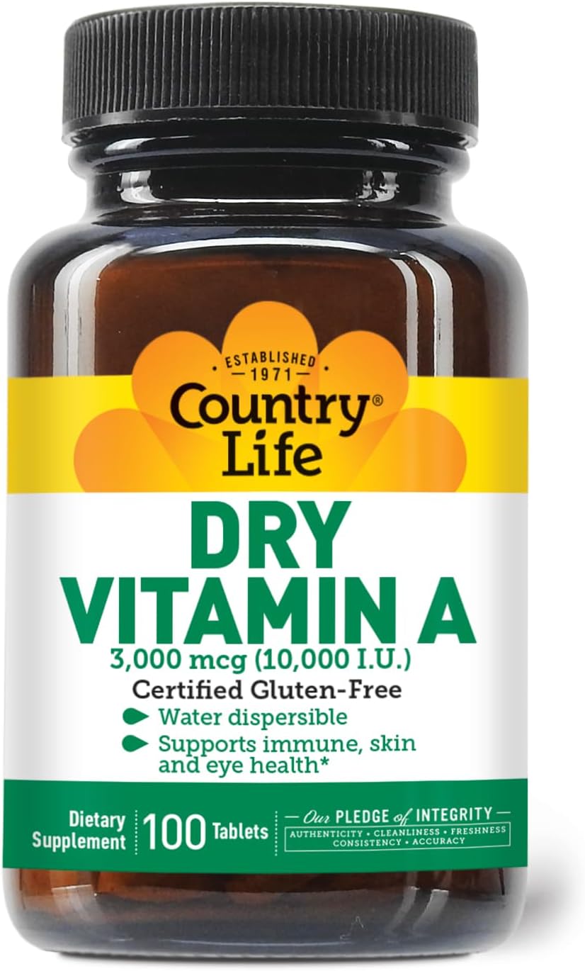 Country Life Vitamina A 10.000 UI - Apoyo Inmunológico, Salud de la Piel y Ojos - 50% Betacaroteno y 50% Palmitato de Retinilo - 100 Comprimidos