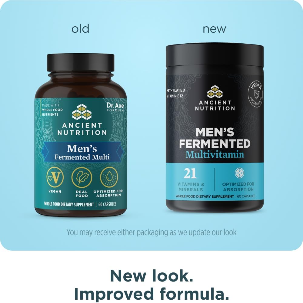 Ancient Nutrition Multivitamínico para Hombres, Multivitamínico Fermentado con Vitaminas Metiladas A, C, D, E, K, Zinc y Magnesio, Apoyo Inmunológico, Vegano, 60 Cápsulas