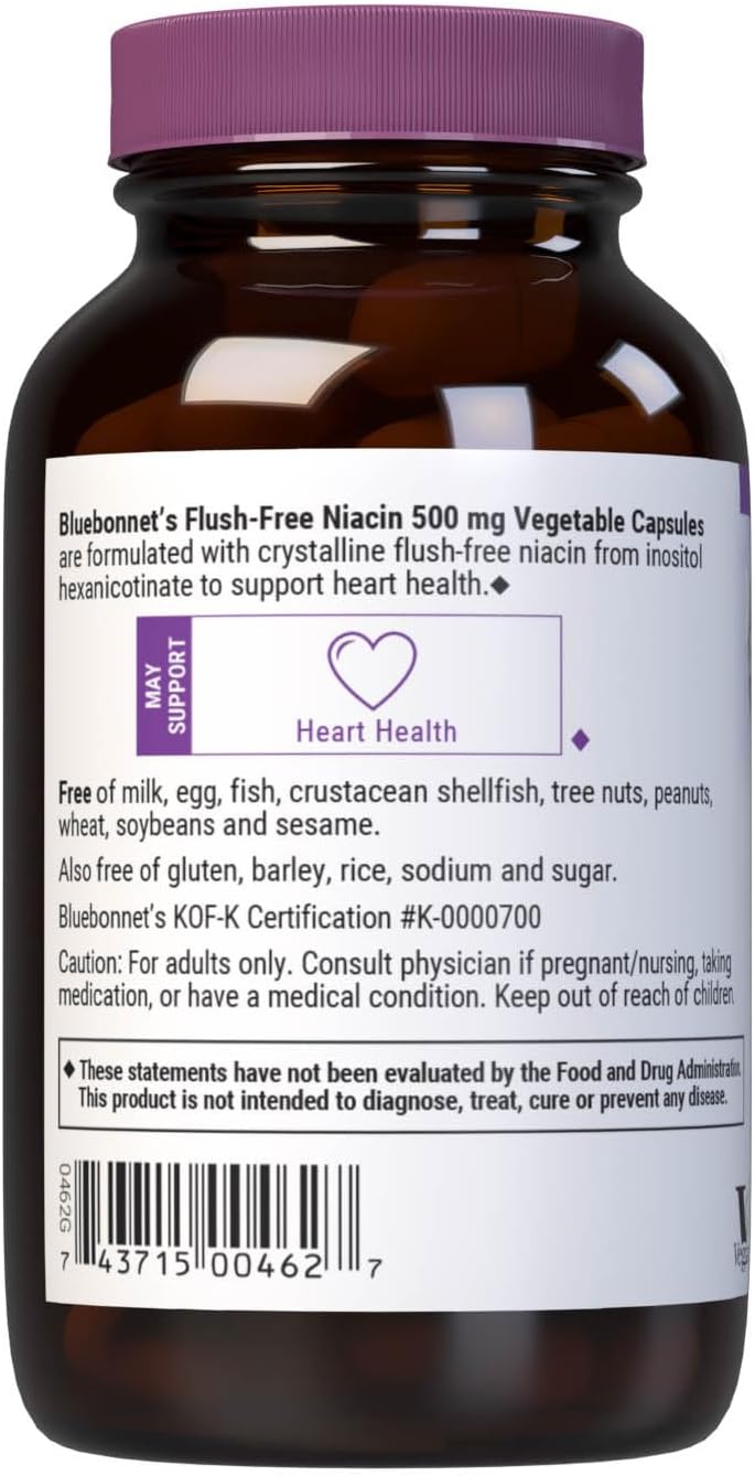 Bluebonnet Nutrition – Niacin No-Flush 500mg, Cardiovascular Support, 60 Vegetable Capsules