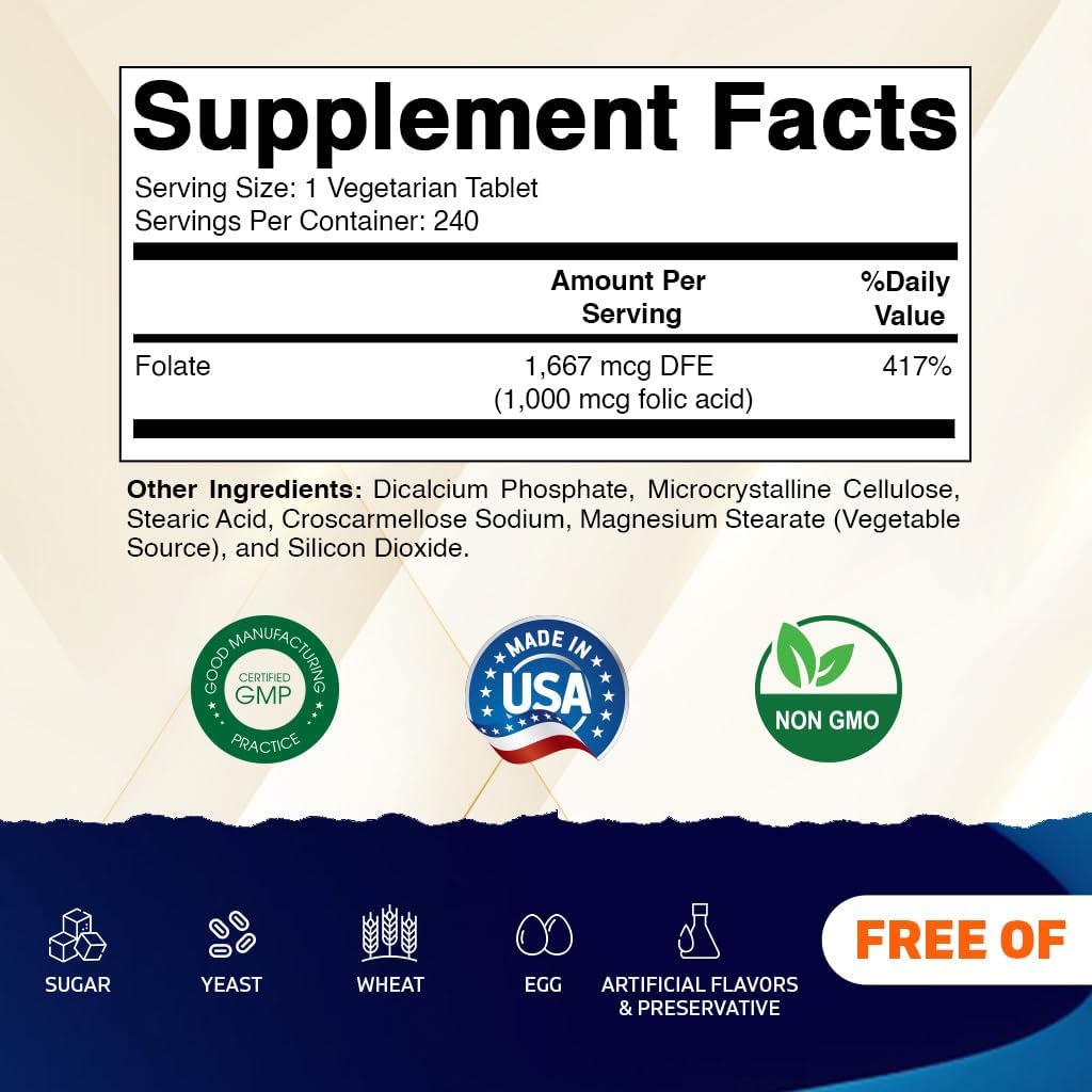 Ácido Fólico 1000 mcg (1 mg) - 240 Comprimidos Vegetarianos - Vitamatic