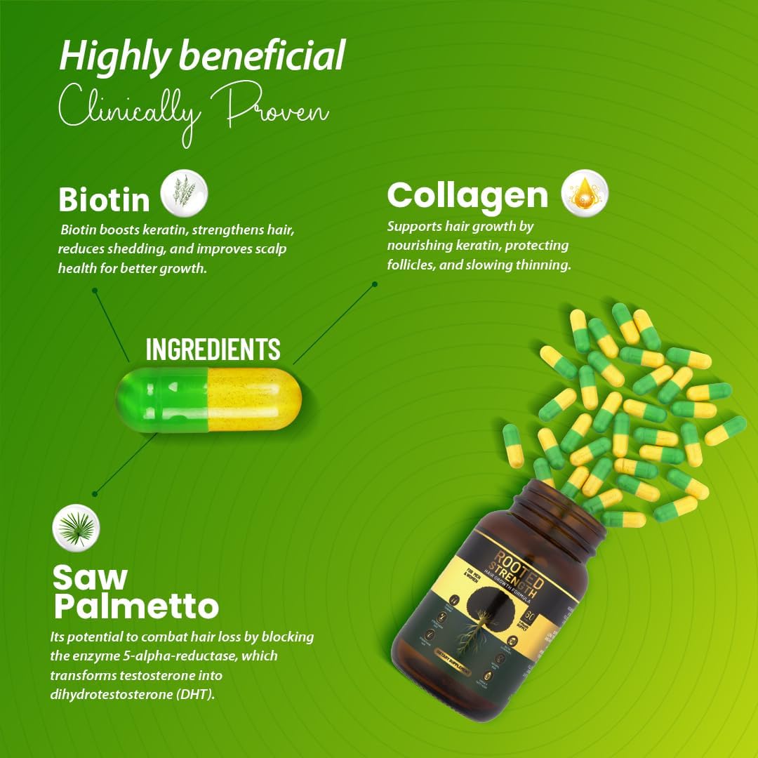 Rooted Strength Hair Growth Vitamins - Vitaminas con Biotina, Colágeno y Saw Palmetto