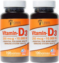 Sunshine Naturals Vitamina D3 10000 UI (250 mcg) - 200 Cápsulas Blandas (2 Envases de 100)