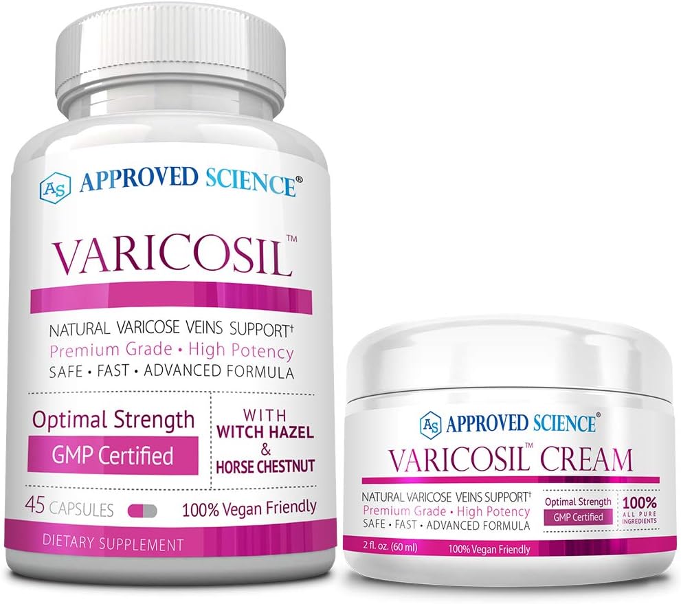 Approved Science Varicosil – Suplemento de apoyo para varices – 45 cápsulas + 1 crema (60 ml) – Vegano
