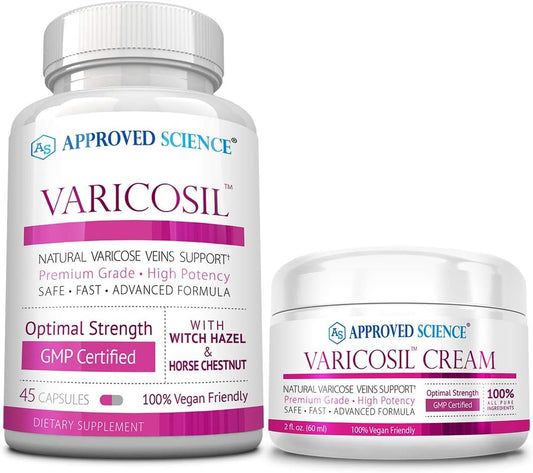 Approved Science Varicosil – Suplemento de apoyo para varices – 45 cápsulas + 1 crema (60 ml) – Vegano