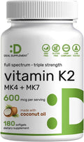 Vitamina K2 600mcg con MK-7 y MK-4, 180 Cápsulas de Aceite de Coco