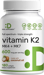 Vitamina K2 600mcg con MK-7 y MK-4, 180 Cápsulas de Aceite de Coco