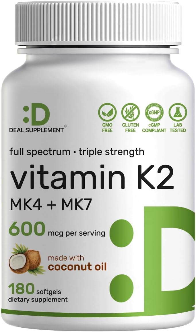 Vitamina K2 600mcg con MK-7 y MK-4, 180 Cápsulas de Aceite de Coco