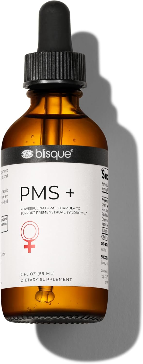 Blisque PMS+ – Suplemento Natural para el Síndrome Premenstrual, Alivio de Cólicos e Hinchazón | Equilibrio Hormonal | Vegano y No-GMO | 59 ml | 59 Dosis