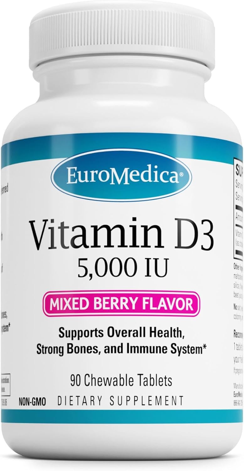 EuroMedica Vitamina D3, Bayas Mixtas - 90 Comprimidos Masticables - 5000 UI