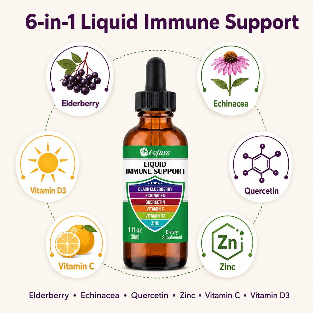 Cofure Zinc Quercetin Vitamina C D3 Líquido con Equinácea y Saúco Orgánicos - Gotas de Apoyo Inmunológico para Adultos - Vegano, Sin Gluten, No-GMO - 30 ml