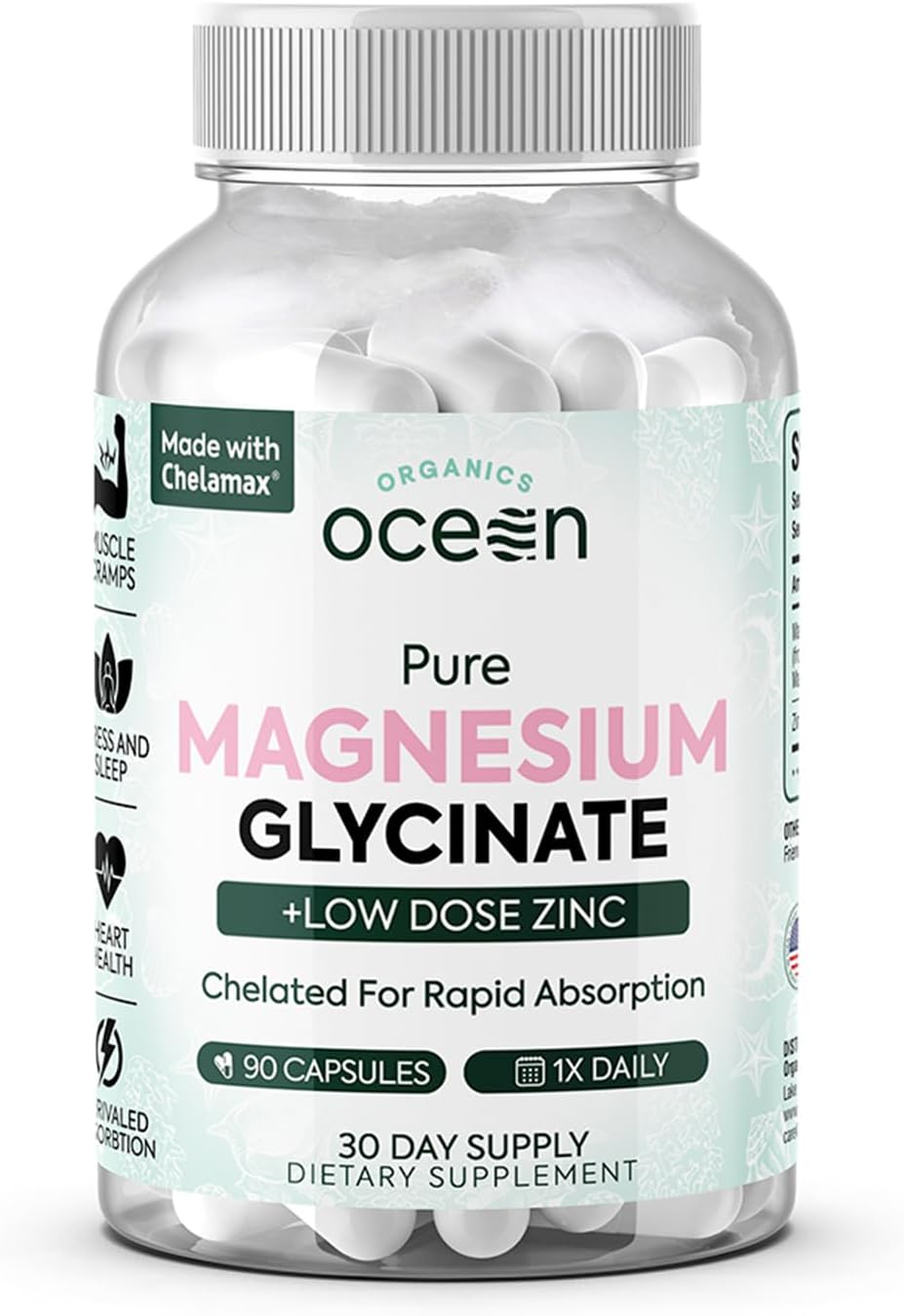 Organics Ocean Magnesio Glicinato Puro con Zinc - Suplemento de Magnesio Quelado de Máxima Potencia para Mujeres y Hombres, Ayuda contra Calambres Musculares y Favorece el Sueño - 6 Frascos