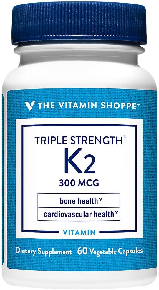 The Vitamin Shoppe Vitamina K2 MK-7 300mcg Triple Potencia - Salud Ósea y Cardiovascular | Menaquinona-7 | 60 Cápsulas Vegetales