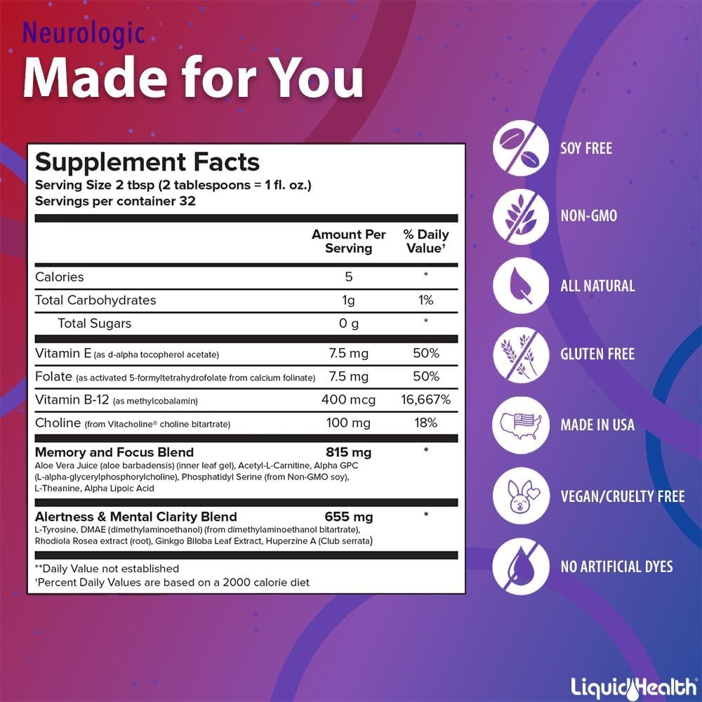 LIQUIDHEALTH Neurologic Focus Suplemento Líquido para la Memoria y Concentración con Ginkgo Biloba, Colina, L-Teanina y Fosfatidilserina - 946 ml