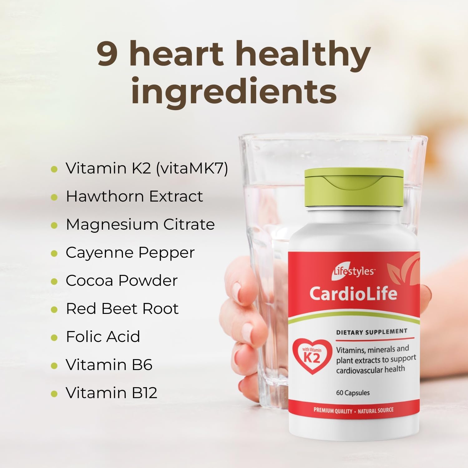 Intra Lifestyles CardioLife Supplement - Apoyo Cardíaco Herbal con Vitamina K2 (MK7), Ácido Fólico, Remolacha, Cayena y Más – 60 Cápsulas