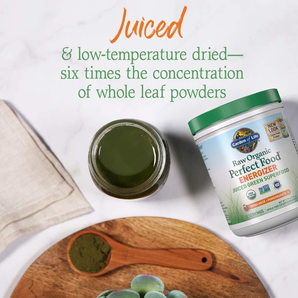 Garden of Life Raw Organic Perfect Food Energizer - Superfood Verde en Polvo Sabor Granada y Yerba Mate, 30 Raciones