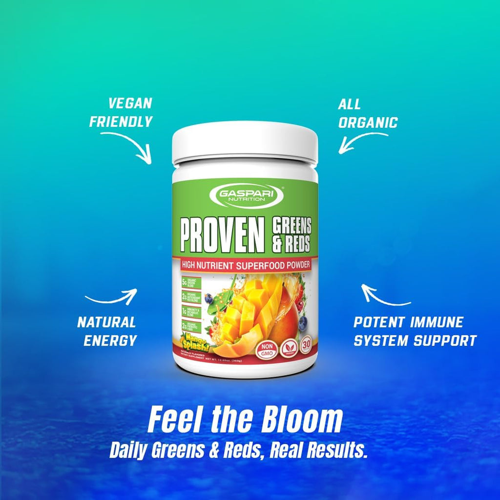 Gaspari Nutrition Greens and Reds: Polvo de Superalimentos Orgánicos con Probióticos y Fibra, 30 Porciones (Sabor Mango Splash)