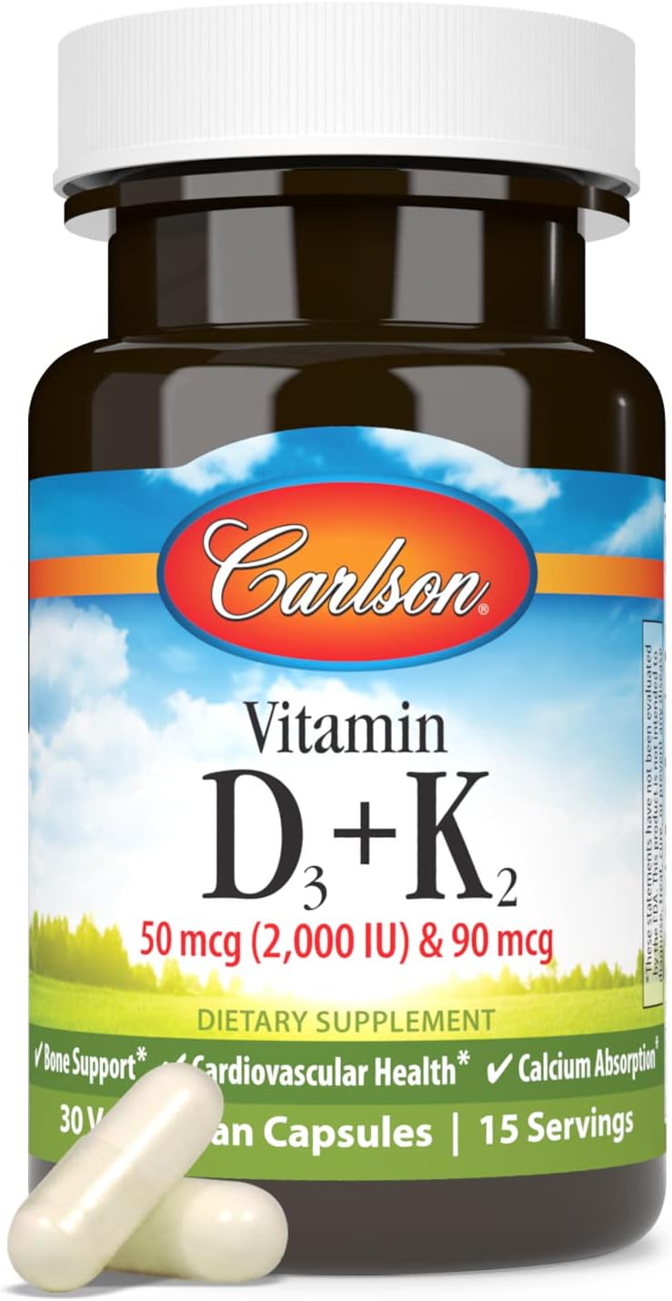 Carlson - Vitamina D3 + K2, 2000 UI (50 mcg) de D3 y 90 mcg de K2 MK-7, 30 Cápsulas
