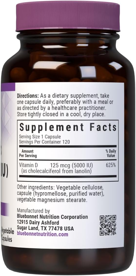 Bluebonnet Vitamina D3 5000 UI – 120 Cápsulas Vegetales – Sin Soya, Sin Gluten, No-GMO