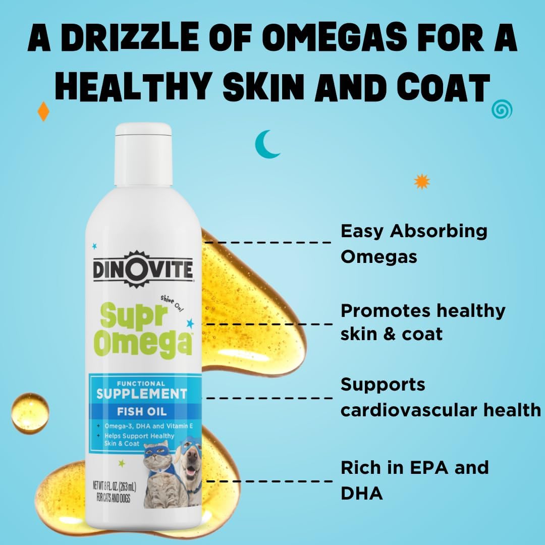Dinovite SuprOmega Aceite de Pescado para Perros y Gatos - Vitamina E y Omega 3 - Salud de Piel y Pelaje - 227 g (8 oz)