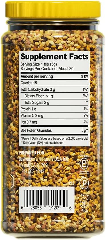Beekeeper's Naturals - Gránulos de Polen de Abeja 100% Crudo, Enzimas Naturales Preservadas, Fuente de Vitamina B, Minerales, Aminoácidos y Proteína - Paleo y Keto, Sin Gluten (148 g)