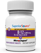 Superior Source No Shot Vitamina B12 Metilcobalamina 1000 mcg, B6 y Ácido Fólico 800 mcg - 60 Comprimidos Sublinguales