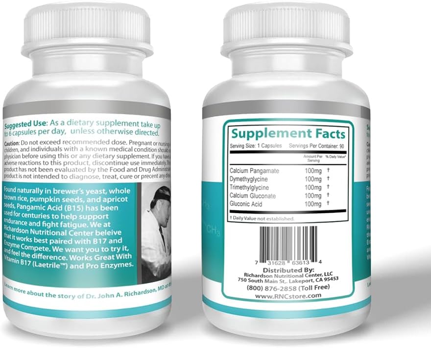 Richardson Nutritional Center B15 Complete Extra Strength - 500mg, 90 Cápsulas - Ácido Pangámico con TMG y DMG