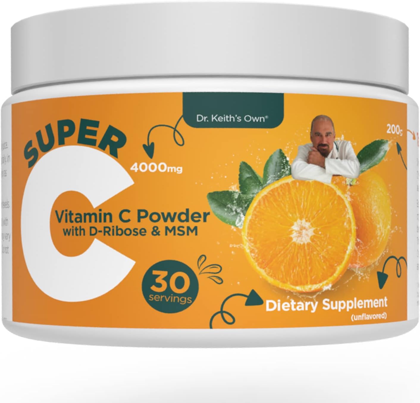 Dr. Keith's Own Super C - Vitamina C en Polvo Alta Dosis 4000mg con D-Ribosa, Glicina y MSM - Sin Sabor, 200 Gramos (30 Dosis)