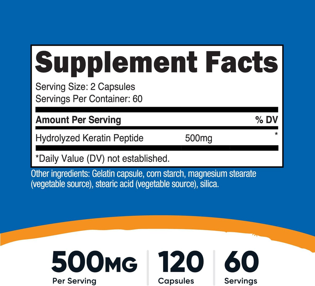 Nutricost Queratina Hidrolizada en Péptidos - 500mg, 120 Cápsulas (60 Porciones) - Fórmula No Transgénica y Sin Gluten