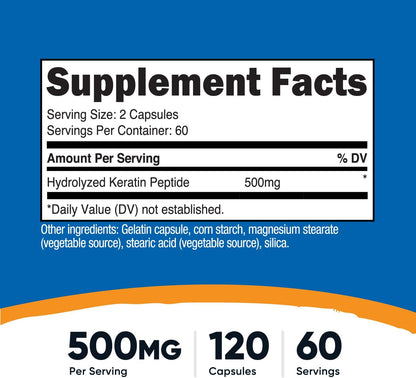 Nutricost Queratina Hidrolizada en Péptidos - 500mg, 120 Cápsulas (60 Porciones) - Fórmula No Transgénica y Sin Gluten – Image 2