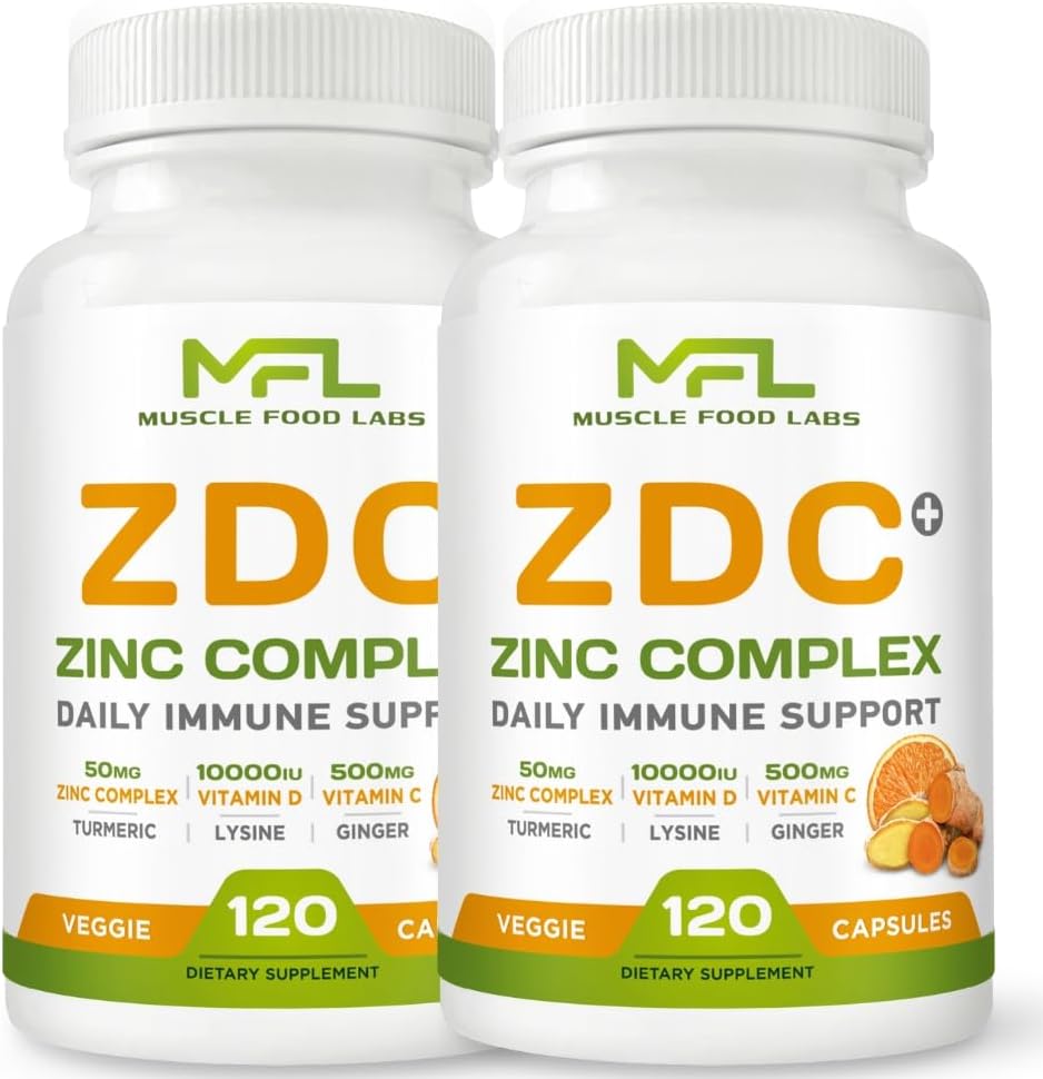 MUSCLE FOOD LABS Z D C Plus | Vitamina C (500 mg) + Vitamina D3 + Zinc + Cúrcuma + Jengibre + Lisina | Sin OGM y Sin Gluten | Cápsulas Vegetales | 2 Envases