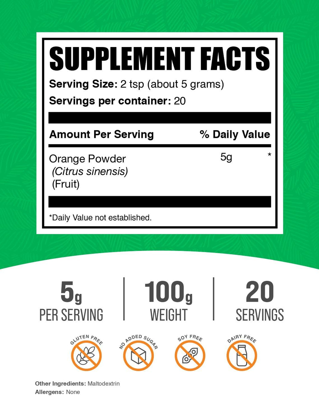 BulkSupplements.com Naranja en Polvo - Polvo de Fruta de Naranja, Rico en Nutrientes - Sin Gluten, 5g por Ración, 100g (3.5 oz) (Paquete de 1)