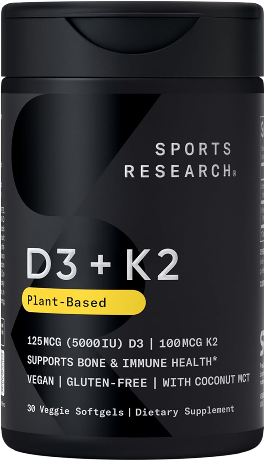 Sports Research Vitamina D3 con K2 MK-7 5000 UI + 100 mcg - 120 Cápsulas Blandas Veganas