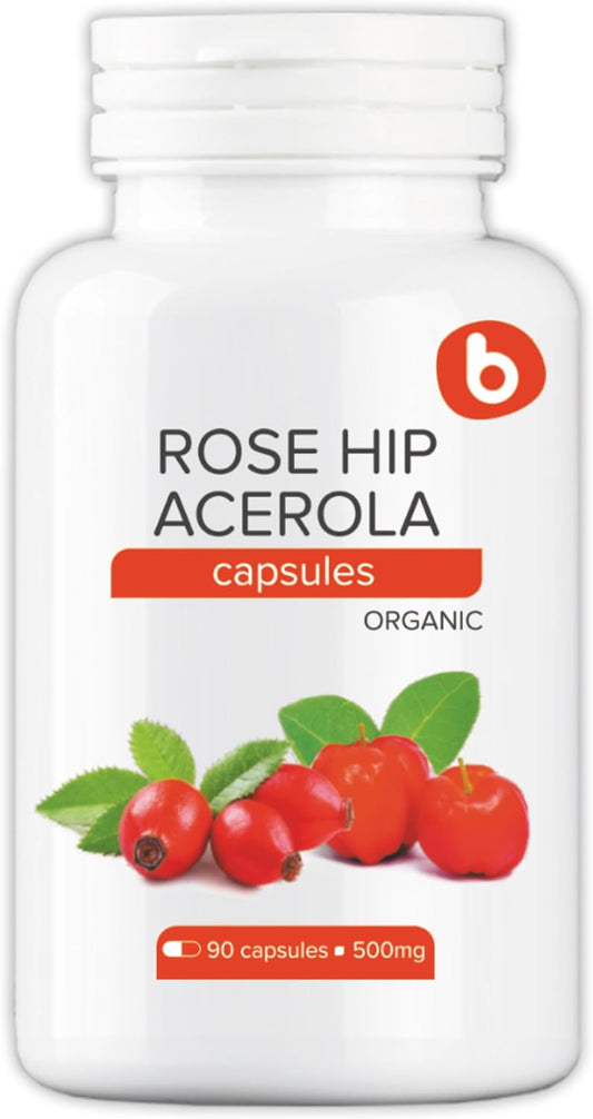 b Natural Cápsulas de Rosa Mosqueta y Acerola - Vitamina C vegetal 1000 mg - Sin ácido ascórbico - 90 cápsulas veganas